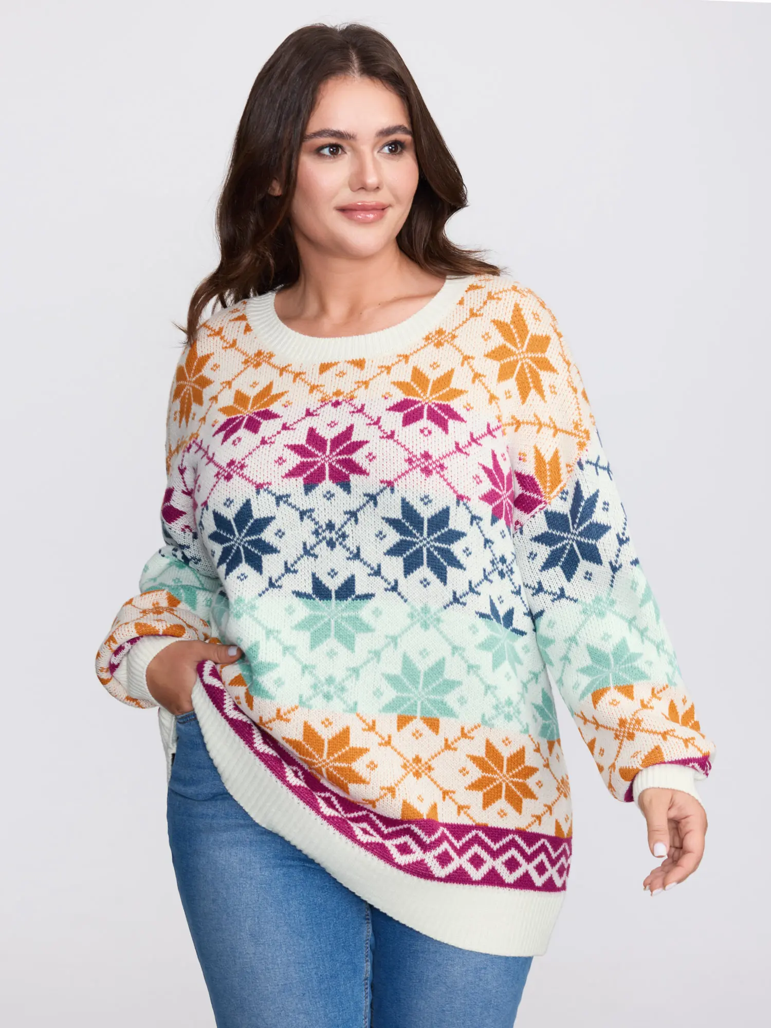 BloomChic Plus Size Playful Geometric Color Block Acrylic Knit Sweater with Drop Shoulders and a Loose Fit, Fabric, Knitwear, Longsleeves, Tops, Women