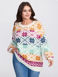 BloomChic Lady's Oversized Drop Shoulder Acrylic Knitting Top - Casual Round Neck Long Sleeve Pullover with Color Gradient Snowflake & Geometric Designs, Loose Fit Plus Size Clothes for Casual Wear