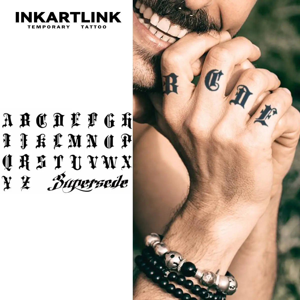 INKARTLINK Temporary Tattoos - 2 Sheets Old English Gothic Alphabet Finger Tattoos for Streetwear Style, Waterproof, Long-Lasting, Ephemeral Tattoos, Aesthetic Tattoo Merch
