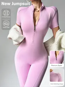 New Running Exercise Workout Jumpsuit with Zipper Short Sleeve Yoga Fitness Pilates High Intensity Professional Sport Butt Lifting Waist Cinching Onesie Sporty Jumpsuit