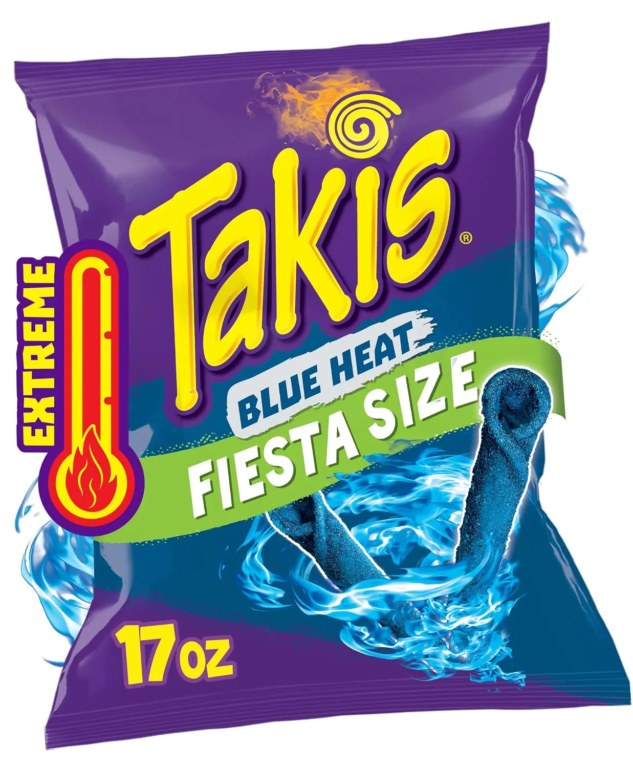 Takis Blue Heat Rolled Tortilla Chips, 17 oz Bag  Party size bag of hot chili pepper flavored rolled tortilla corn chips for fiestas or cook-outs; extremely spicy