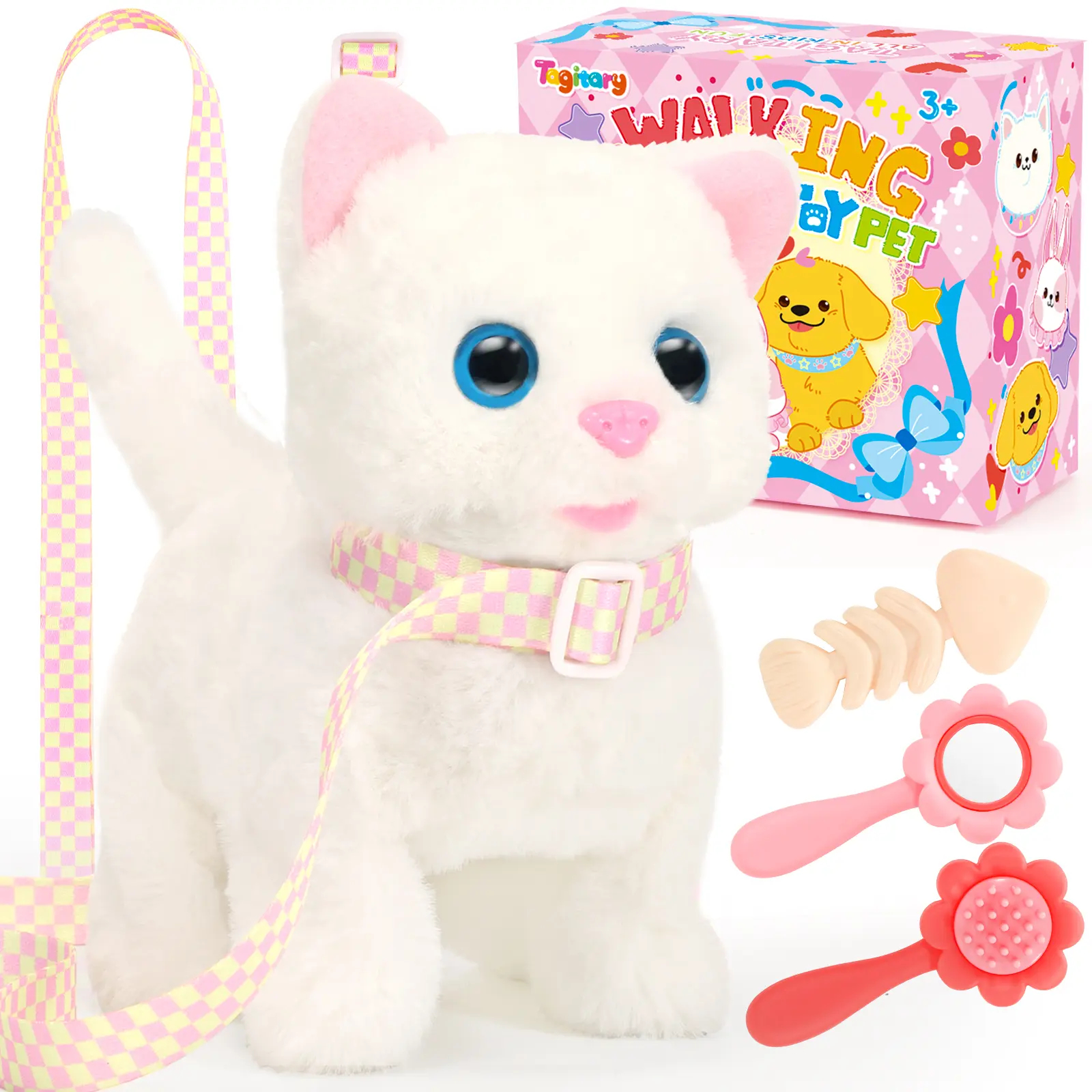 summerwins Plush Electronic Toy Cat - Walks, Meows, Wags Tail, Interactive with Leash, Realistic Design, Soft Touch, Gentle Hugs, Cute Collectibles for Play & Gifting (Batteries Required)