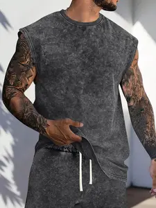 Men’s solid-color crew-neck cotton tank top with a washed distressed finish; regular fit casual streetwear sleeveless top; relaxed style, 2000s vibe; suitable for running, golf, fishing, basketball, camping, gym, swimming, and the beach;