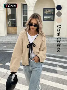 Women's Tie Front Long Sleeve Cardigan, Casual Open Front Outerwear for Daily Wear, Ladies Knit Clothing for Spring & Fall, Knitwear