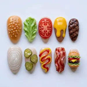 3D Hamburger Press On Nails Burger Ingredient Bun Cheese Tomato Lettuce Glossy Food Nails Gift