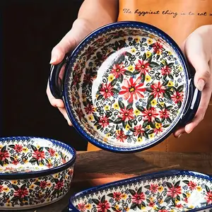 Vintage Daisy Flower Ceramic Casserole with Handle, Oven Safe Cooking Pot for Kitchen, Heat Resistant Bakeware, Ideal for Baking and Serving