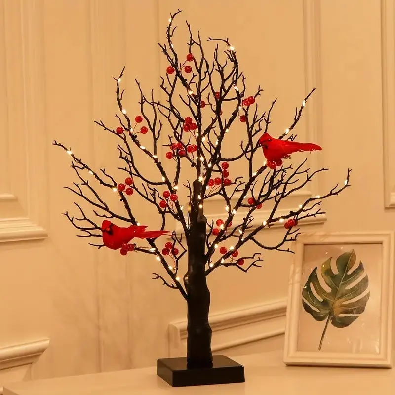 Vintage Glowing Cardinal Tree Light with Red Berries, 21 In 5-in-1 Warm LED Ambient Glow Lamp (3×AA Battery Power, Batteries Required) for Living Room, Wedding, All-Season Holiday Decor & Memorial Gift