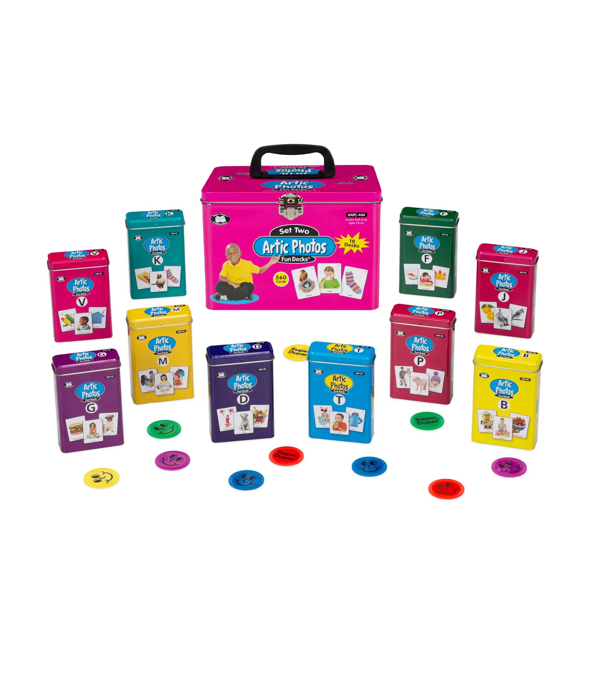 Artic Photos Fun Decks Bundle 2 Speech Therapy Cards Real Life Photo Articulation Set 10 Decks 560 Cards Initial Medial Final Sounds SLP Classroom Language Learning Game Cards with Bonus Chips Travel Case and Storage Tins