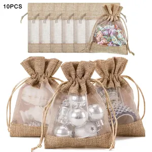 10 Pcs Linen Burlap Drawstring Gift Bags, Organza Therapy Bags, Jewelry Bags, for Weddings, Grad Party Favors, Party Gifts, DIY Crafts, Gifts, Samples and Therapy of Mesh Bags