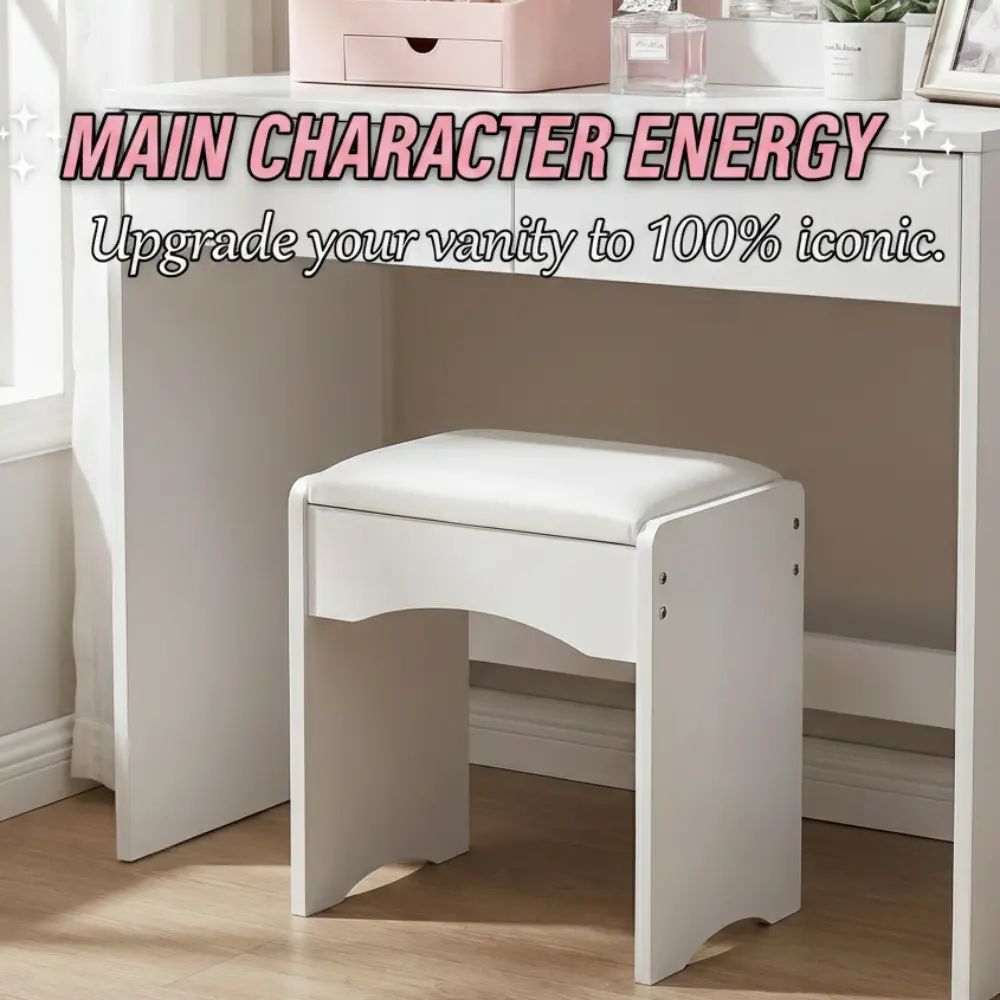 White Vanity Stool, Modern Round Cushioned Ottoman Footrest with Wood Legs, Compact Seating for Bedroom and Living Room, Modern Footstool, Pouf Ottoman Foot Rest