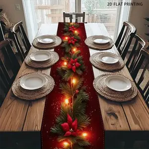 Christmas Table Runner, Pine Branch Print & Warm Color Lights Design, Festive Home Decor for Dining Room, Dining Areas, Kitchen, Office, Holiday Decoration, Ambiance