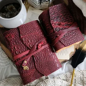 Dragon Skin Leather Journal - Red Crocodile Texture Notebook with leather Binder and dragon charm Accent