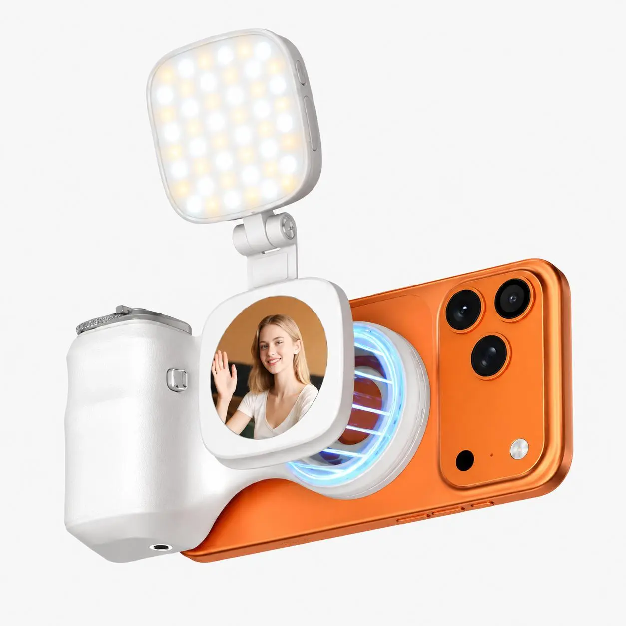 Magnetic Mobile Phone Camera Grip with Fill Light - Detachable USB-C Rechargeable Remote Shutter, Ergonomic Handle, Grip Stand Selfie Lights, Accessories for Vlogging, Landscape Use, Compatible with iPhone, Samsung, Android (Includes Batteries)