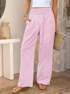 Women's Casual Plaid Loose Fit Mid-Waist Long Pants, Fitted Capri Cropped Style, Spring & Fall Fashion, Plain Pattern, Bottoms