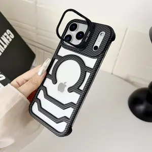 MagSafe Magnetic Carbon Fiber Texture Phone Case | Hollowed-Out Ventilated Cooling, Ultra-Thin Borderless Design with Hidden Lens Stand - Compatible with iPhone17ProMax/16Pro/15/14/13/12