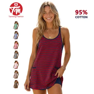 Tanming Women's Summer 4th Of July V-Neck Striped Athletic Sleeveless Mini Dress with Built-in Shorts - Gym Wear, Athleisure, Beach Outfits, Sun Dresses,summerwins