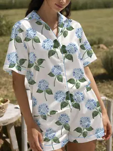 Women’s Hydrangea Bloom Blue Hydrangea Watercolor Flower Short Sleeve Satin Pajama Set, Long Sleeve Satin Pajama Set