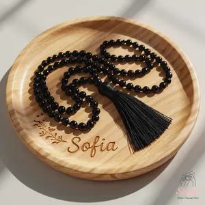 Black Obsidian Crystal Mala Bead Necklace - Natural Obsidian Knotted Tassel Necklace - 108 Mala Beads Tassel Rosary - Prayer Necklace