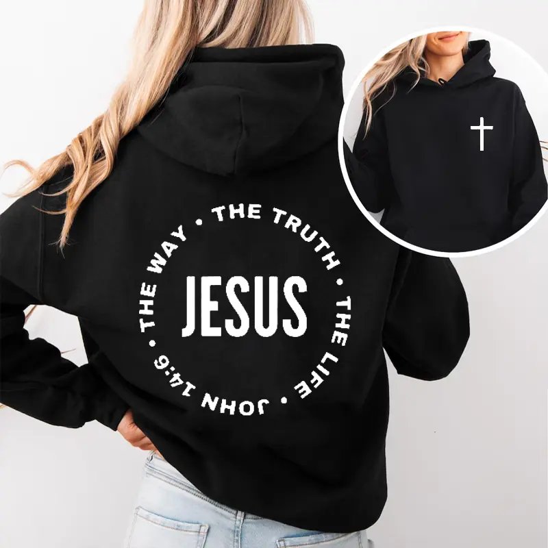 Women's Oversized Cotton Hoodie - Jesus The Way The Truth The Life John 14:6 Front Cross, Back Eco Hot Stamp Print, Lightweight Solid Breathable Fabric, Casual Loose Crew Neck Long Sleeves Pull-On Unisex Christian Faith Bible Verse Clothes
