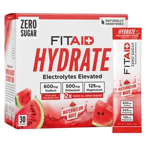 FITAID Hydrate Watermelon Wave - Zero Sugar Electrolyte Blend, Naturally Sweetened, Sodium from Pink Himalayan Salt - 30 Count
