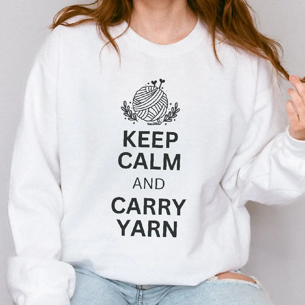 Crocheter Knitter Gift Sweatshirt, Keep Calm and Carry Yarn Floral Unisex Crewneck Jumper, Funny Crochet Knit Clothing, Knitting Lover