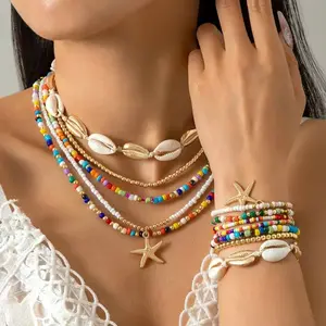 12Pcs Boho Beach Bracelet Set for Women - Seashell & Starfish Stretch Bracelets, Lightweight Summer Jewelry Gift