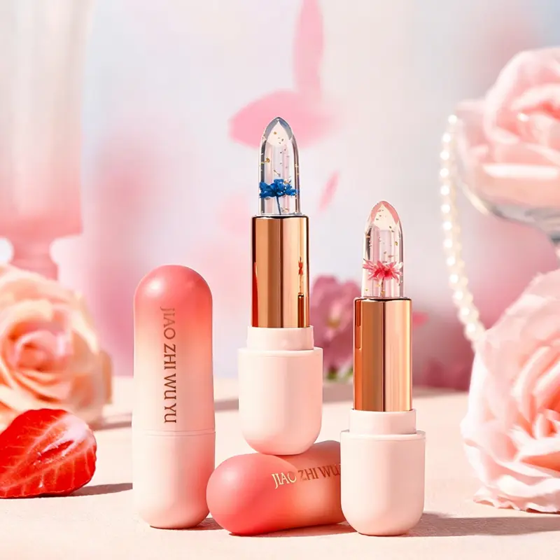 3-Pcs Color Changing Flower Jelly Lipstick Set - Transparent Crystal Balm with Real Dried Flowers, Moisturizing Gloss, Temperature-Responsive Tint for Daily Care