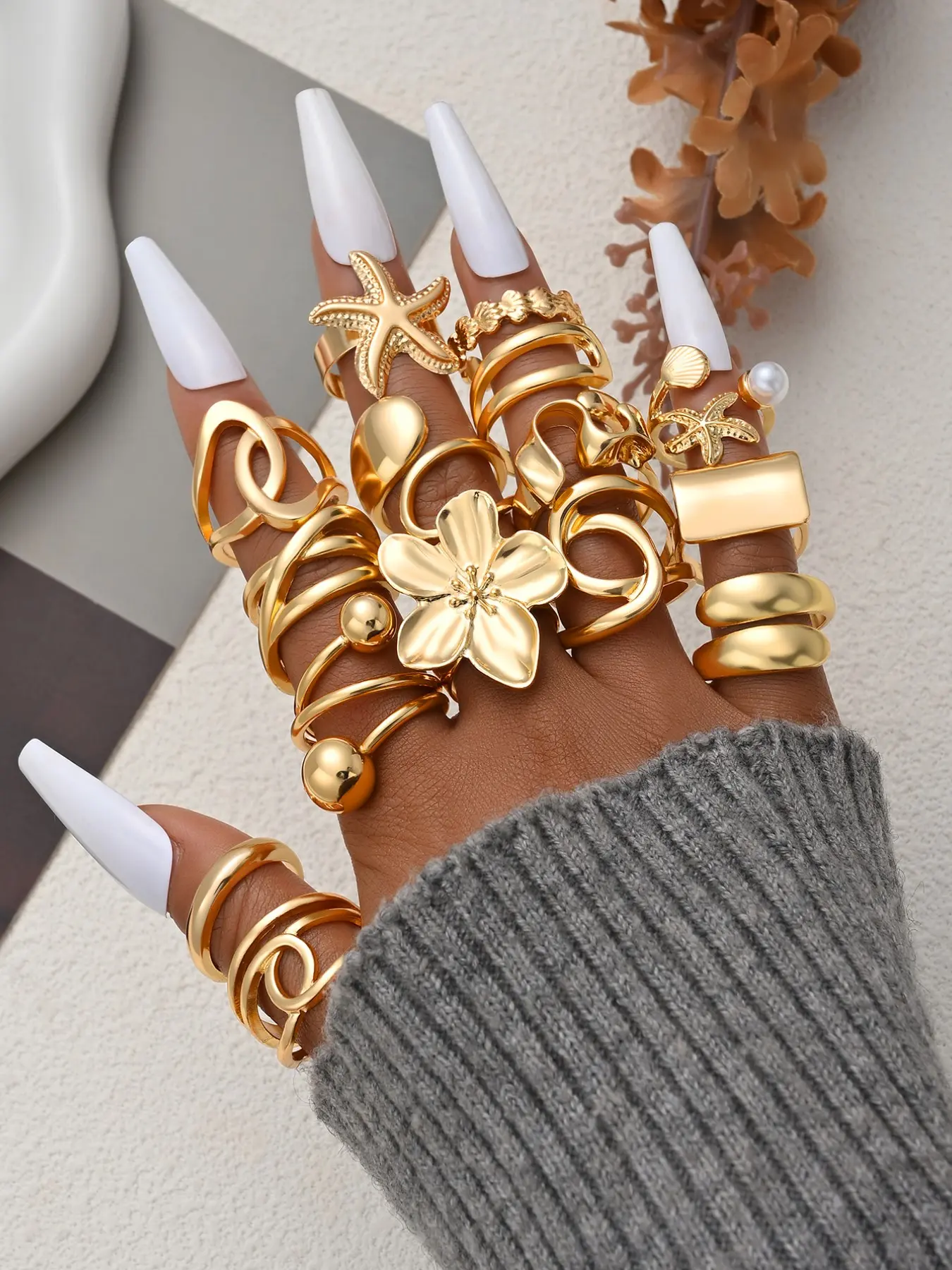 15pcs Fashion Chunky Vintage Wide Face Starfish Floral Rings Set, Women's Daily Wear Jewelry, Perfect for Dates and Parties, Stacking Ring Set, Finger Jewelry, Boho Jewelry