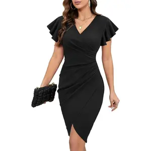 2025 Women's Sexy V Neck Ruffle Sleeve Faux Wrap Ruched Sheath Cocktail Party Work Dress
