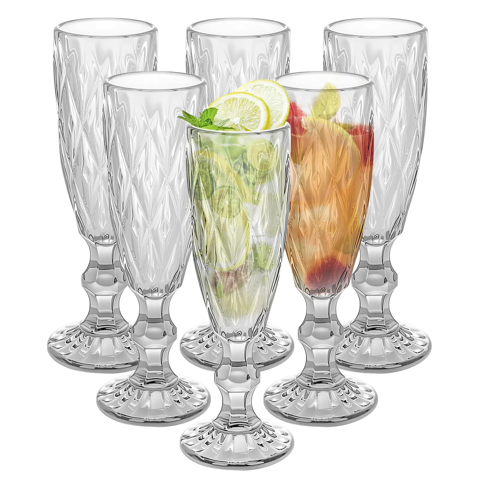 6-Pack Retro European Classic Embossed High-Clear Glass Cocktail Goblets, 5.07oz (150ml) Dishwasher Safe Vintage Kitchen Drinkware for Party, Wedding