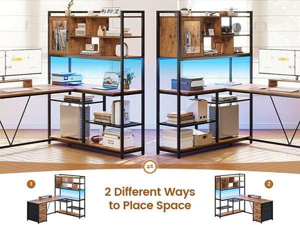 Sikaic 58 Inches L Shaped LED Gaming Desk Brown with 7 Tier Shelves, 1 Glass Cabinet & 3 Drawers, Reversible Design, RGB LED Light Strips, Modern Engineered Wood