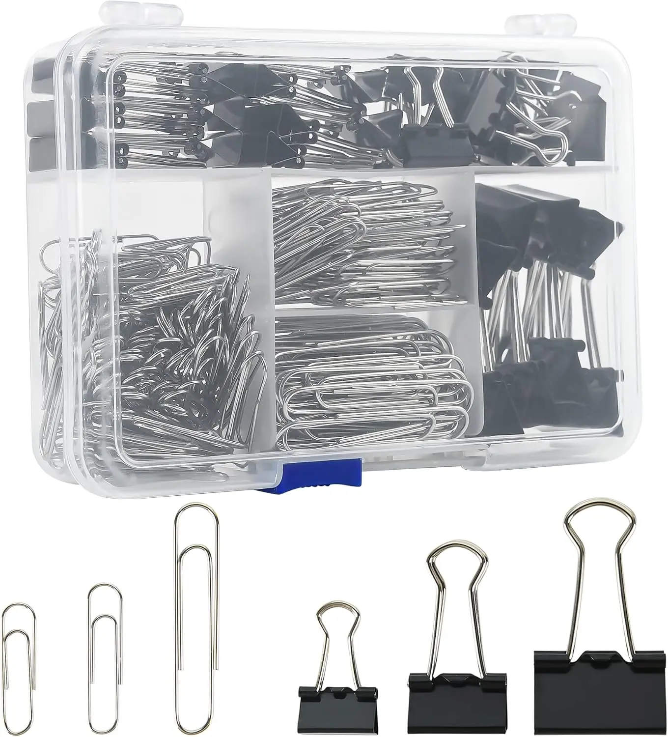 340-Piece Assorted Binder Clips and Jumbo Paper Clips Set, Black Office and School Supplies with Compartment Storage Box