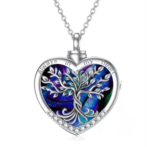 Heart Tree Life Urn Pendant Easter Memorial Necklace  Abalone Shell & Stainless Steel Short Chain Charm Cremation Jewelry
