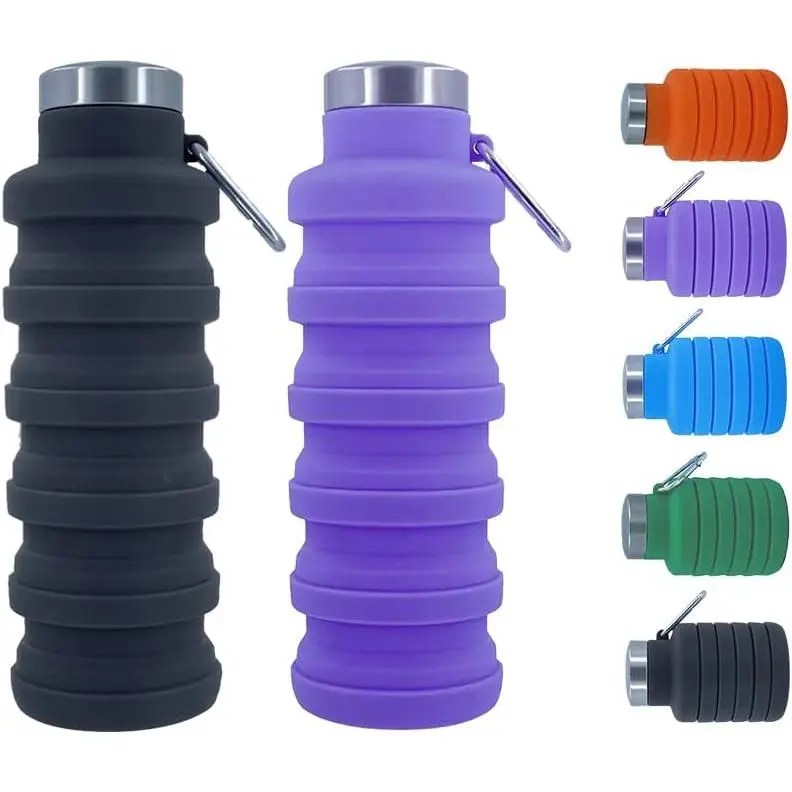 Water Bottles,2 pack BPA Free Travel Silicone Water Bottle with Carabiner,17oz Reusable Foldable Lightweight Portable Sports Water Bottle for Travel Gym Camping Hiking