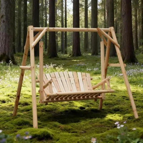 Rustic Natural Fir Log Outdoor Porch Swing with A‑Frame Stand, 2‑Person Wooden Loveseat, Carbonized Finish, Heavy Duty Patio Swing for Backyard & Garden