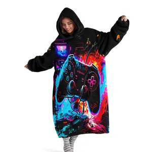 Hoodie blanket, wearable blanket, game controller printed hooded wearable blanket, digital printed flannel blanket, soft and warm blanket suitable for sofa cover, air conditioning blanket, nap blanket, office bed, camping trip, Cozy Hooded Blanket
