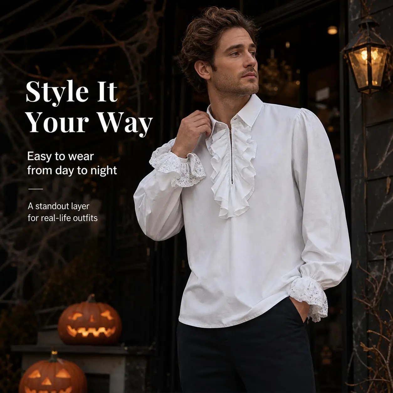 Men's Fashion Ruffle Pirate Shirt - Victorian Renaissance Medieval Poet Top, Steampunk Gothic Halloween Ren Faire Cosplay Costume Top Lace Menswear Clothes Dress Flared Long