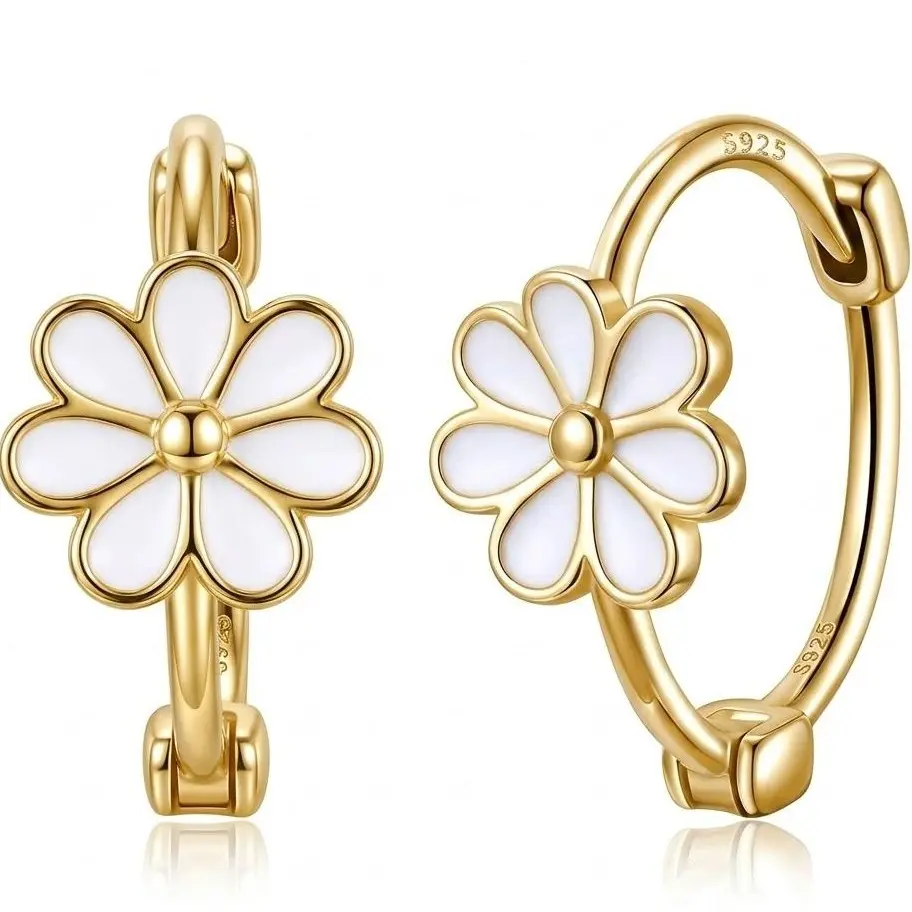 Exquisite Small Daisy Flower Hoop Earrings for Women - Genuine S925 Sterling Silver, 18K Gold Plated, Hypoallergenic White Enamel, Small Hinge Style (0.6cm Flower, 1.2cm Dia)