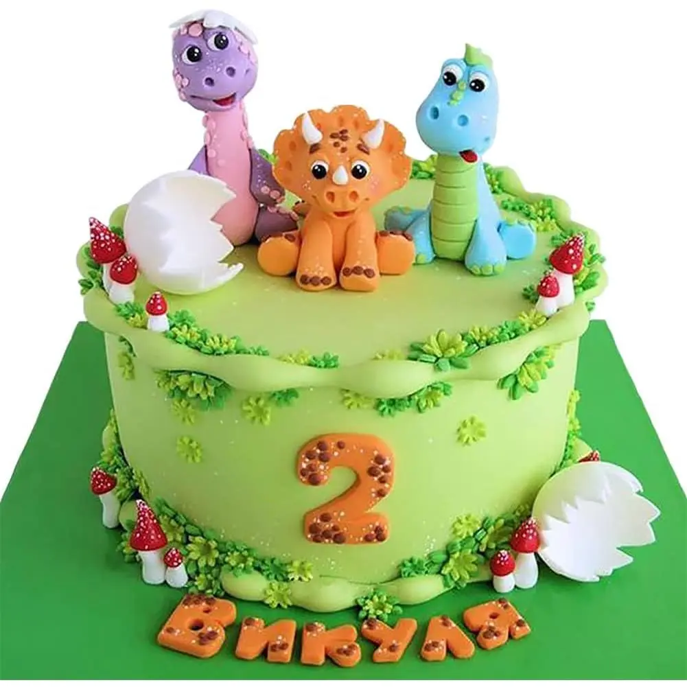P-PSD022 Unisex Soft Clay 3-Piece Dinosaur Cake Toppers (Height 1.9-2.3"), Forest Animals Themed Muffin/Fruit Decor Inserts for Birthday, Anniversary Party Supplies