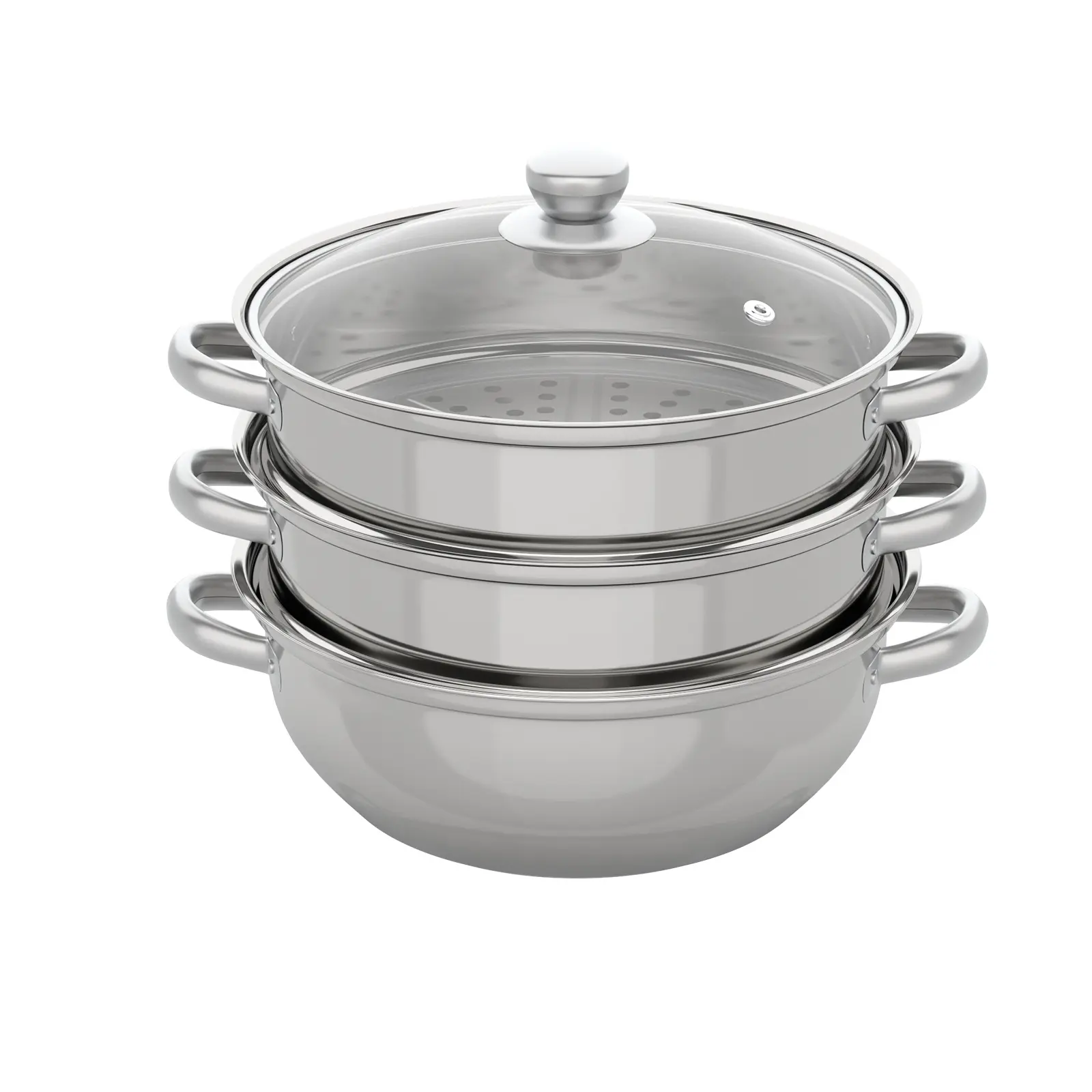 28cm 3-Tier Stainless Steel Multi-Function Dumpling Steamer Basket with Glass Lid, Stackable Kitchenware, Universal for Induction, Gas, Electric Stoves, Home Cooking Use