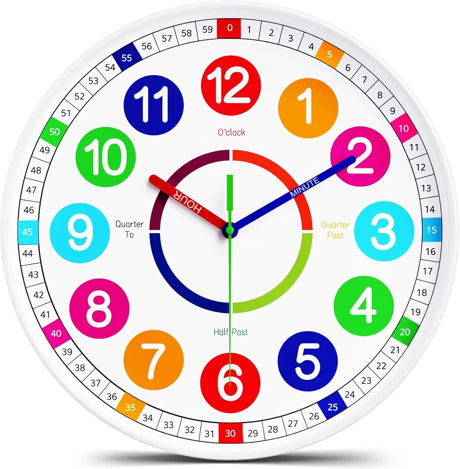 8-in Round Playful Colorful Synthetic Analog Clock - Silent Non-Ticking, Battery-Powered Kids' Time Learning Clock, Ideal for Kid Room Decor (Toys & Hobbies Specialty DIY Supply for Teachers)