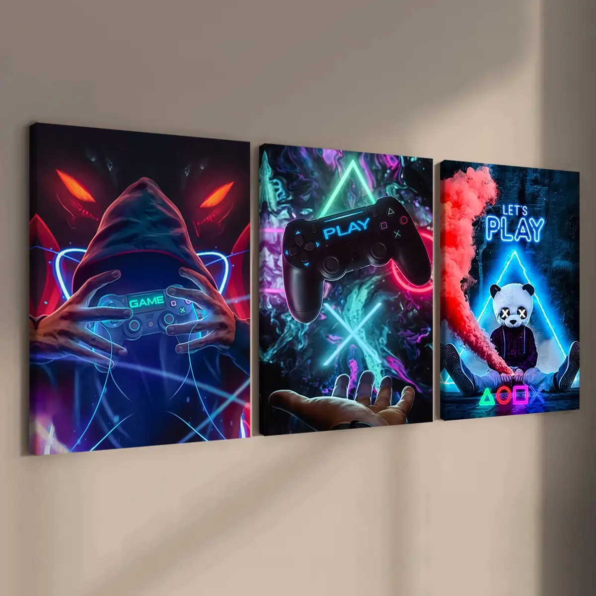 3-count wooden frame canvas, neon game console print posters, Canvas Wall Art, Vibrant gaming theme, home decoration, high definition, waterproof, artworks, Creative Wall Art, Graphic Prints, Decoration Items