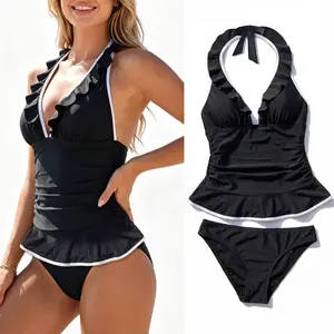 Womens Two Piece Tankini Swimsuits, Halter V Neck Swim Dress Skirt -White Trim Ruffle hem Women's Bathing Suit Swimsuit with One Black Bikini Brief Bottom Swimdress Set swimwear outdoorfun