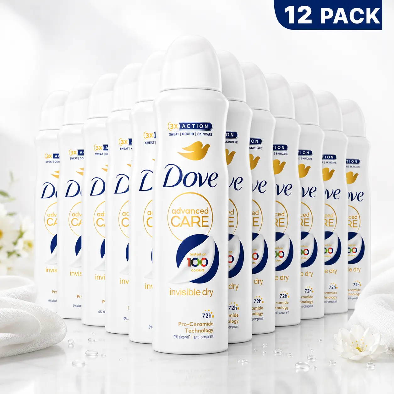 Dove Advanced Care Invisible Dry Spray 12 Pack Bulk, 72hr Antiperspirant Odor Protection & Formula with Pro-Ceramide Technology, Invisible Dry, 0% Alcohol Body Care Products for Women, 5oz / 150ml, 72Hr Odor Protection, Workouts, Moisturizing, Daily
