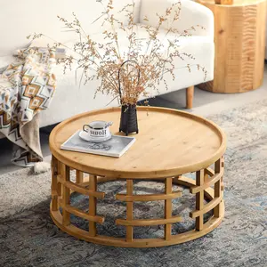 31.5" Round Boho Coffee Table – Rustic Farmhouse Accent Table with Open-Frame Base, Solid Wood Finish Cocktail Table for Living Room