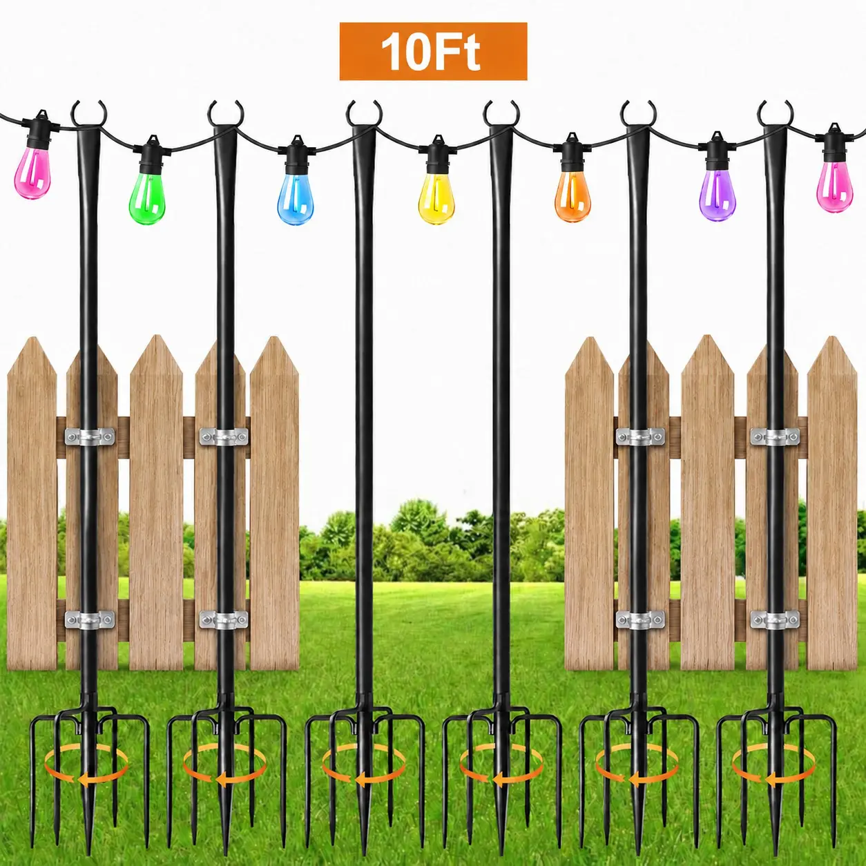 10Ft Outdoor String Light Poles - Double Shepherd Hook Stands, Heavy-Duty Adjustable Hanging Posts with Ground Stakes, for Decoration, Banners, Flower Baskets, Garden Decorations, 4/6/8/12 Pack