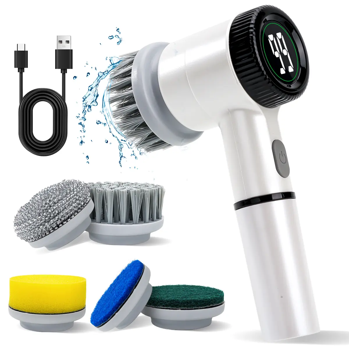 Electric Spin Scrubber, Cordless Kitchen Cleaning Brush with Digital Display, 5 Replaceable Brush Heads, 2-Speed IPX7 Waterproof, No Scrubbing Needed for Sink, Stove, Pots, Oil Grease deep tool