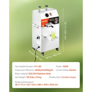 VEVOR Commercial Sugar Cane Juicer, 750W Electric Sugarcane Juicer Machine with 661LBS/H High Output, 3 Stainless Steel Rollers, Sugarcane Juice Press Extractor Squeezer on Wheels for Home/Commercial