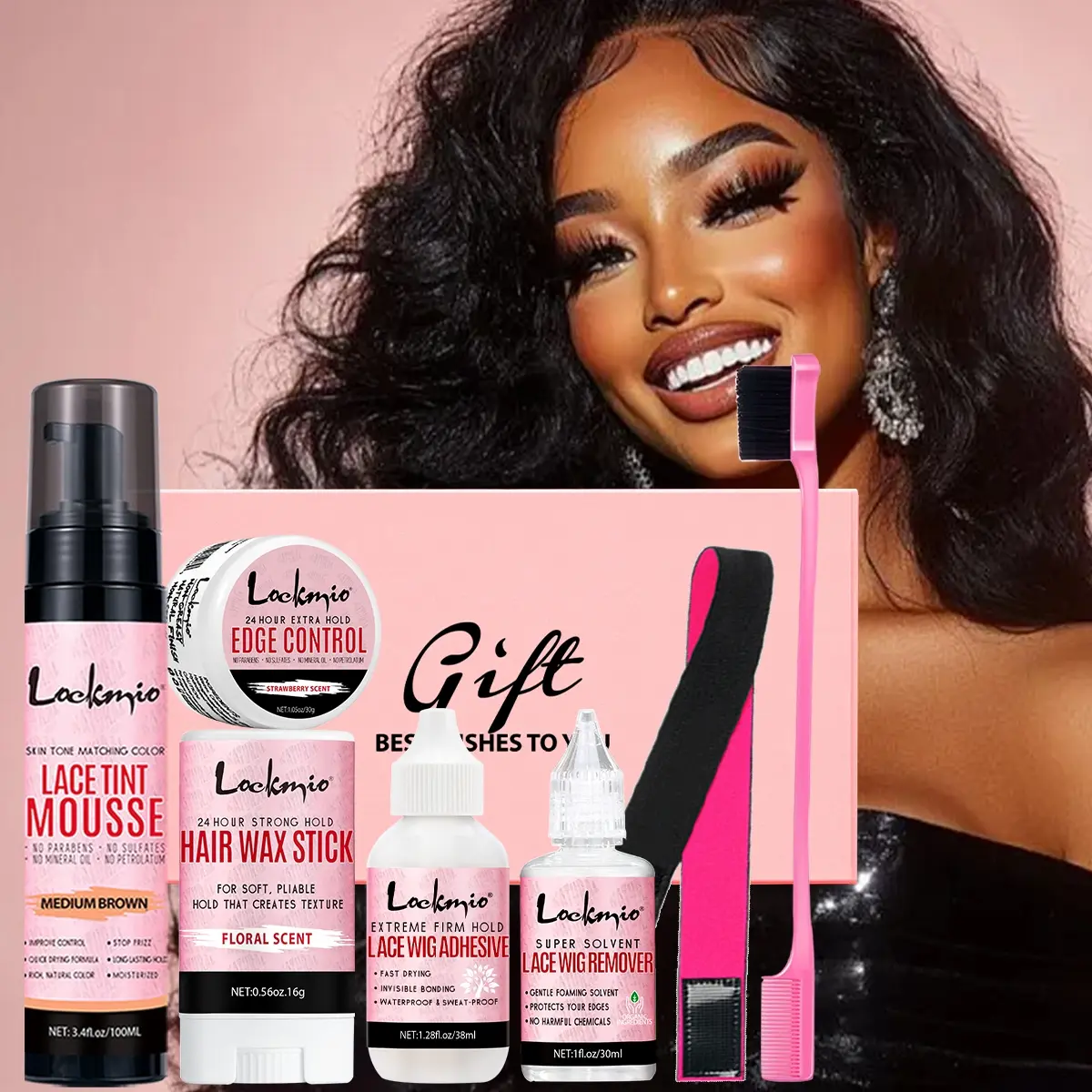 7-Piece Wig Accessory Gift Box Set, Lace Dye Mousse, Wigs Tint Foam, Hair Wax Stick, Glue Remover, Suitable for Lace Wigs, Frontal Wig Clips, Long-Lasting Hold