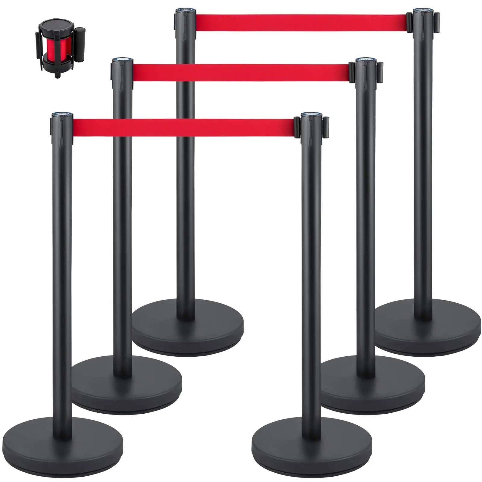 【SummerFinds】VEVOR Crowd Control Stanchion,  , Set of 6 Pieces Stanchion Set, Stanchion Set with 6.6 ft/2 m Red Retractable Belt, Crowd Control Barrier with Rubber Base – Easy Connect Assembly for Crowd Control (Blac